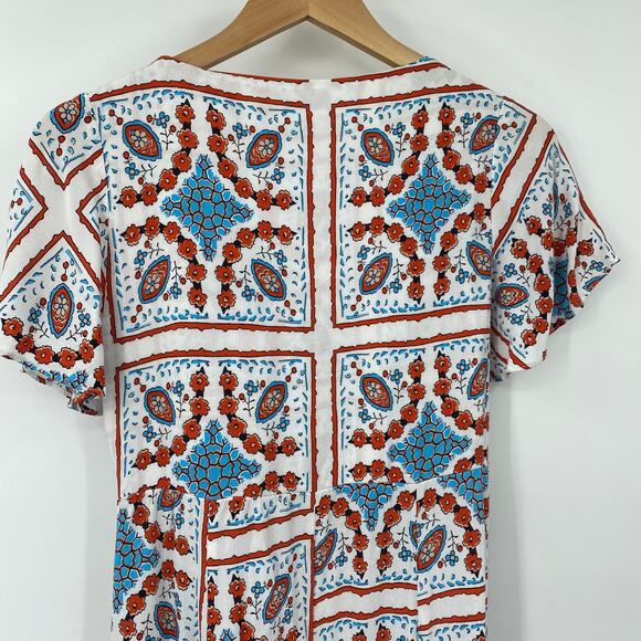 Anthropologie Maeve Praslin Mini Dress Floral Geometric Print Retro White Blue 2 - Picture 6 of 9